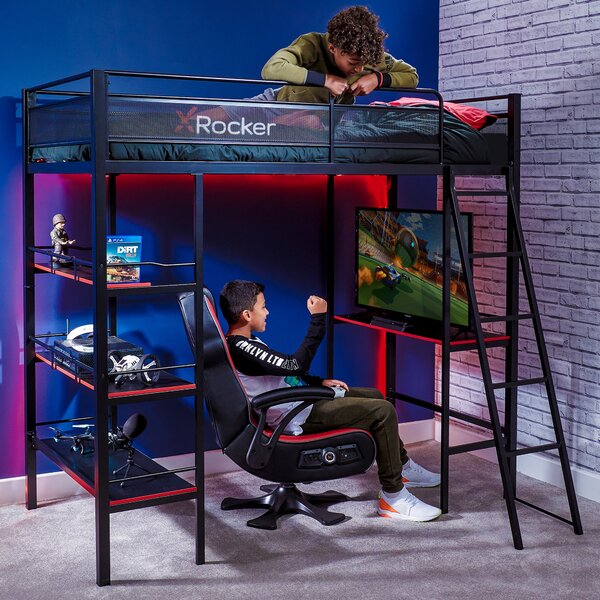 X Rocker Fortress Gaming High Sleeper Bunk Bed with Shelves & Desk