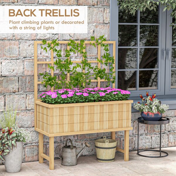 Outsunny Wooden Raised Planter with Trellis for Vine Climbing Plants, Elevated Garden Bed with Drainage Holes and Bed Liner Aosom UK