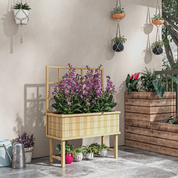 Outsunny Wooden Raised Planter with Trellis for Vine Climbing Plants, Elevated Garden Bed with Drainage Holes and Bed Liner Aosom UK