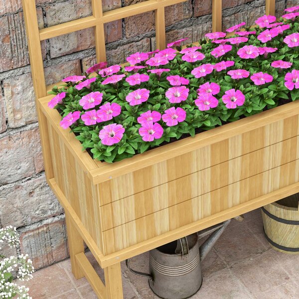 Outsunny Wooden Raised Planter with Trellis for Vine Climbing Plants, Elevated Garden Bed with Drainage Holes and Bed Liner Aosom UK