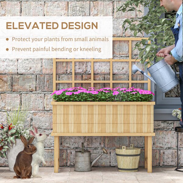 Outsunny Wooden Raised Planter with Trellis for Vine Climbing Plants, Elevated Garden Bed with Drainage Holes and Bed Liner Aosom UK