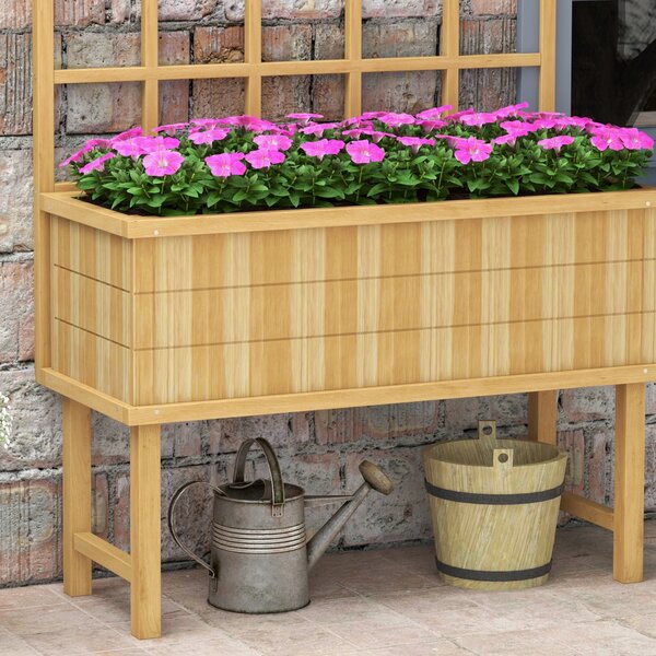 Outsunny Wooden Raised Planter with Trellis for Vine Climbing Plants, Elevated Garden Bed with Drainage Holes and Bed Liner Aosom UK