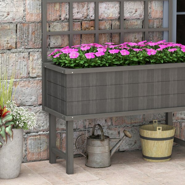 Outsunny Wooden Elevated Garden Bed with Trellis, Planter for Vine Climbing Plants, with Drainage Holes and Bed Liner Aosom UK