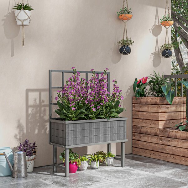 Outsunny Wooden Elevated Garden Bed with Trellis, Planter for Vine Climbing Plants, with Drainage Holes and Bed Liner Aosom UK