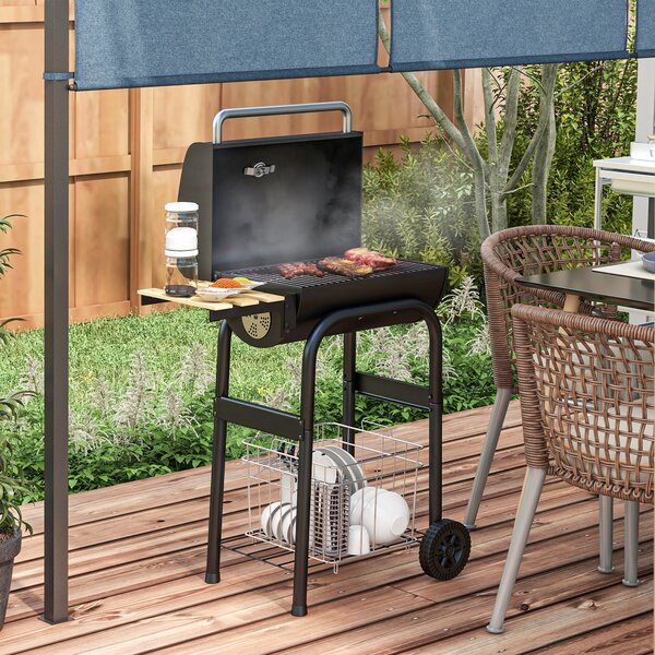 Outsunny Outdoor Wheeled Charcoal Barbecue Grill Trolley with Shelves, Black Aosom UK