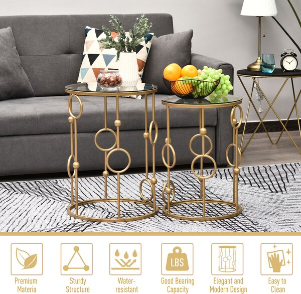 HOMCOM Round Coffee Tables Set of 2, Gold Nest of Tables with Tempered Glass Top, Steel Frame for Living Room, Gold