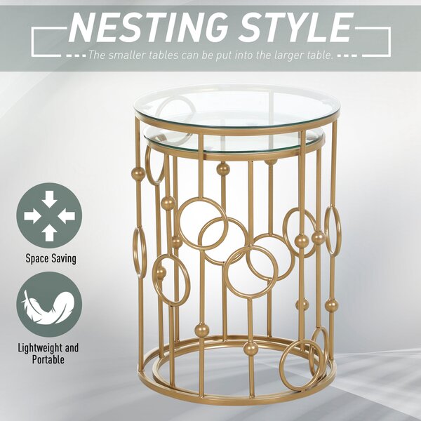 HOMCOM Round Coffee Tables Set of 2, Gold Nest of Tables with Tempered Glass Top, Steel Frame for Living Room, Gold