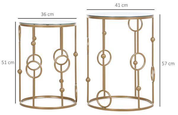 HOMCOM Round Coffee Tables Set of 2, Gold Nest of Tables with Tempered Glass Top, Steel Frame for Living Room, Gold