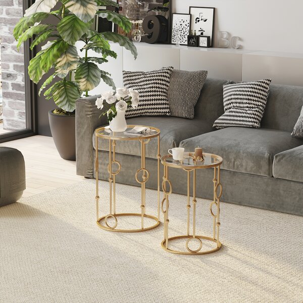 HOMCOM Round Coffee Tables Set of 2, Gold Nest of Tables with Tempered Glass Top, Steel Frame for Living Room, Gold