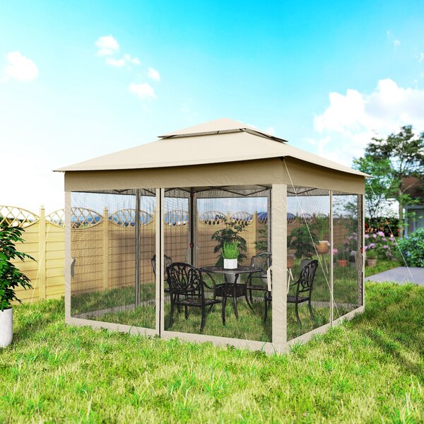 Outsunny 3 x 3m Pop Up Gazebo with Sides, Waterproof Pop Up Gazebo, Double-roof Garden Tent with Netting, Cream White Aosom UK