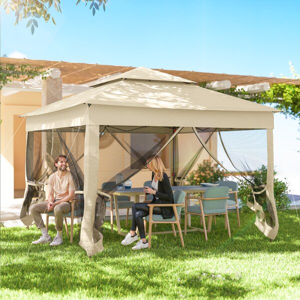 Outsunny 3 x 3m Pop Up Gazebo with Sides, Waterproof Pop Up Gazebo, Double-roof Garden Tent with Netting, Cream White Aosom UK