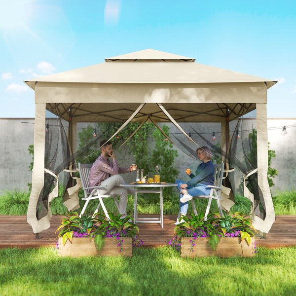 Outsunny 3 x 3m Pop Up Gazebo with Sides, Waterproof Pop Up Gazebo, Double-roof Garden Tent with Netting, Cream White Aosom UK