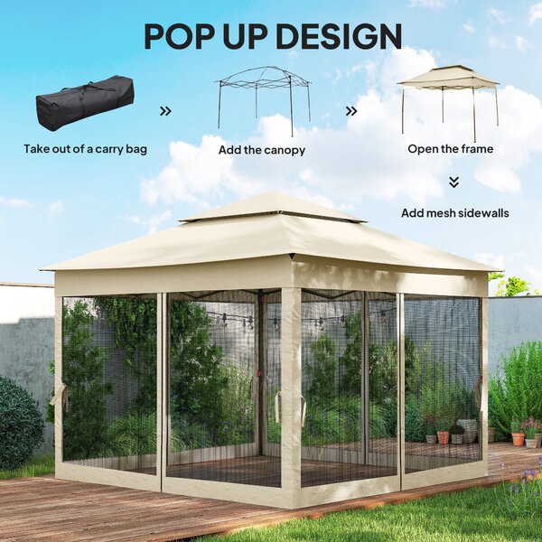 Outsunny 3 x 3m Pop Up Gazebo with Sides, Waterproof Pop Up Gazebo, Double-roof Garden Tent with Netting, Cream White Aosom UK