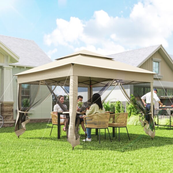 Outsunny 3 x 3m Pop Up Gazebo with Sides, Waterproof Pop Up Gazebo, Double-roof Garden Tent with Netting, Cream White Aosom UK