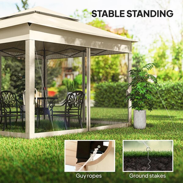 Outsunny 3 x 3m Pop Up Gazebo with Sides, Waterproof Pop Up Gazebo, Double-roof Garden Tent with Netting, Cream White Aosom UK