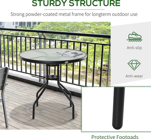 Outsunny Outdoor Dining Table, Round Coffee Table with Parasol Hole, Tempered Glass Top, Garden Side Table, 80cm Diameter Aosom UK