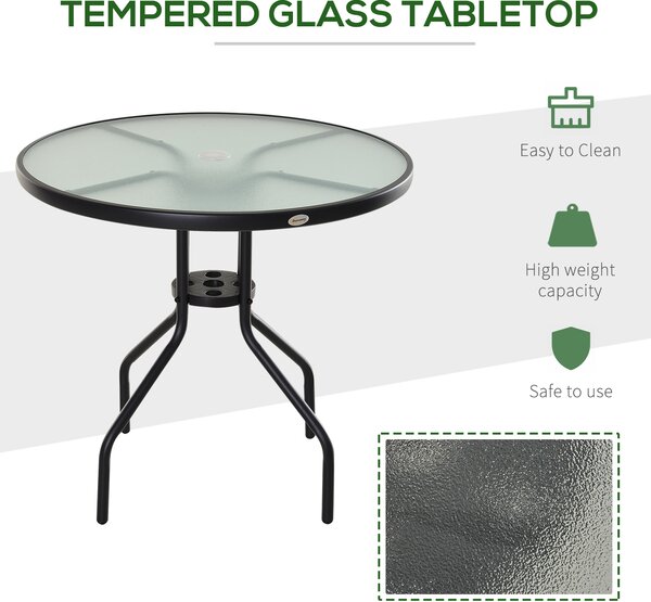 Outsunny Outdoor Dining Table, Round Coffee Table with Parasol Hole, Tempered Glass Top, Garden Side Table, 80cm Diameter Aosom UK
