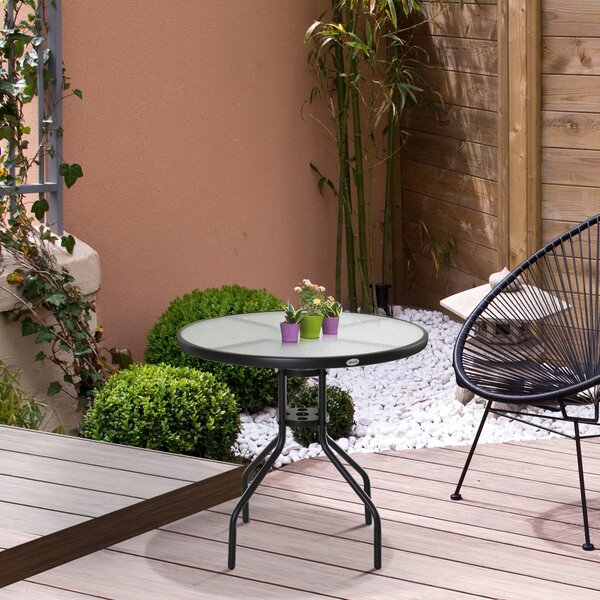 Outsunny Outdoor Dining Table, Round Coffee Table with Parasol Hole, Tempered Glass Top, Garden Side Table, 80cm Diameter Aosom UK