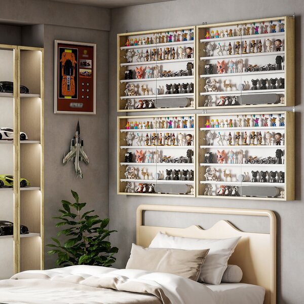 HOMCOM 5-Tier Wall Display Shelf Unit Cabinet w/ 4 Adjustable Shelves Glass Doors Home Office Ornaments 60x80cm Natural Aosom UK