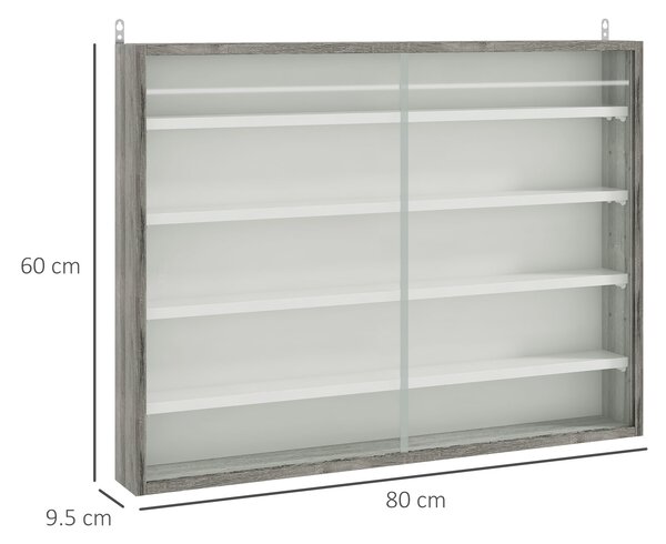 HOMCOM 5-Tier Wall Display Shelf Unit Cabinet w/ 4 Adjustable Shelves Glass Doors Home Office Ornaments 60x80cm Grey Wood Grain