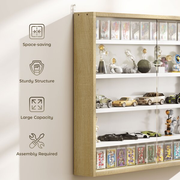 HOMCOM 5-Tier Wall Display Shelf Unit Cabinet w/ 4 Adjustable Shelves Glass Doors Home Office Ornaments 60x80cm Natural Aosom UK