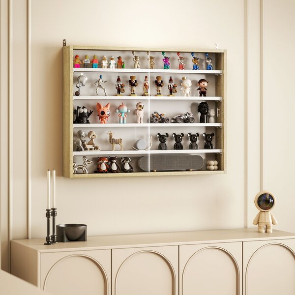 HOMCOM 5-Tier Wall Display Shelf Unit Cabinet w/ 4 Adjustable Shelves Glass Doors Home Office Ornaments 60x80cm Natural Aosom UK