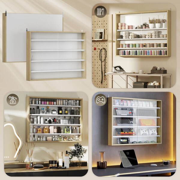 HOMCOM 5-Tier Wall Display Shelf Unit Cabinet w/ 4 Adjustable Shelves Glass Doors Home Office Ornaments 60x80cm Natural Aosom UK