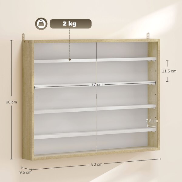HOMCOM 5-Tier Wall Display Shelf Unit Cabinet w/ 4 Adjustable Shelves Glass Doors Home Office Ornaments 60x80cm Natural Aosom UK