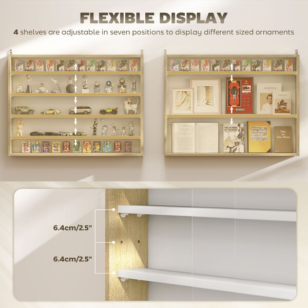 HOMCOM 5-Tier Wall Display Shelf Unit Cabinet w/ 4 Adjustable Shelves Glass Doors Home Office Ornaments 60x80cm Natural Aosom UK