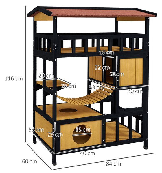 PawHut Outdoor Cat Shelter, Four-Tier Wooden Feral Cat House, with Suspension Bridge, Cat Houses, Balcony, Escape Doors