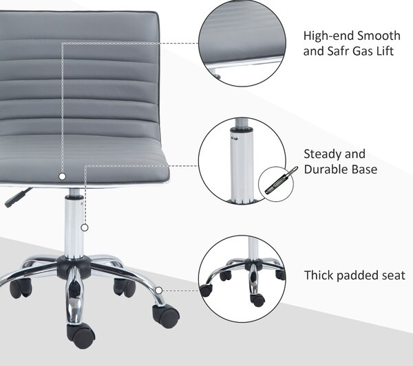 Vinsetto Armless Office Chair, Adjustable Swivel PU Leather Desk Chair with Chrome Base for Home Office, Light Grey Aosom UK