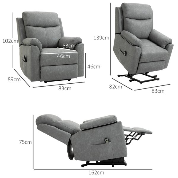 HOMCOM Power Lift Chair Electric Riser Recliner for Elderly, Faux Leather Sofa Lounge Armchair with Remote Control and Side Pocket, Grey Aosom UK