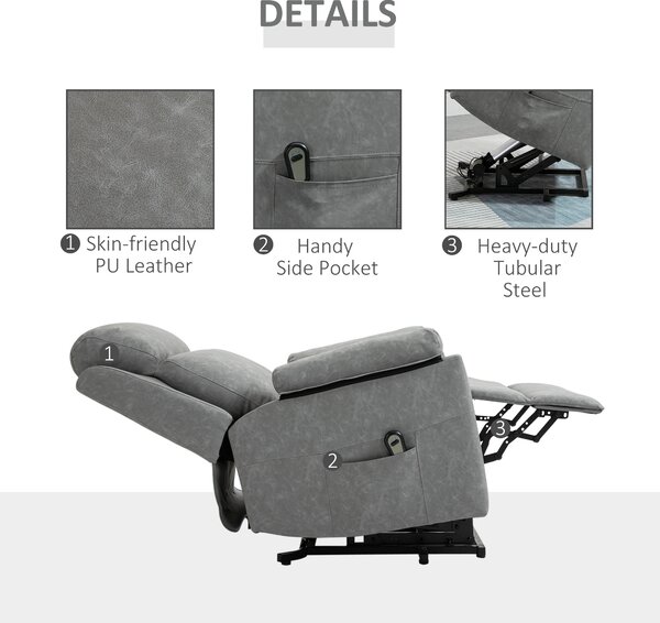 HOMCOM Power Lift Chair Electric Riser Recliner for Elderly, Faux Leather Sofa Lounge Armchair with Remote Control and Side Pocket, Grey Aosom UK