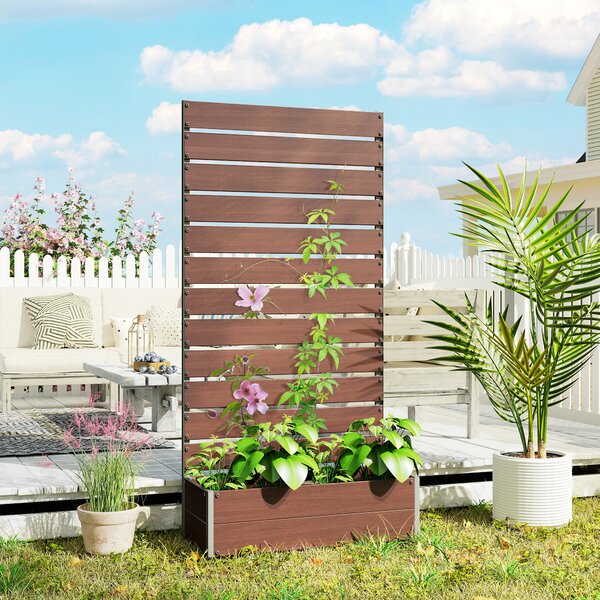 Outsunny Raised Planter with Trellis, Outdoor Garden Bed with Drainage Gap for Plants & Vines, Weather Resistant, 90.5L x 38W x 180H, Light Brown Aosom UK