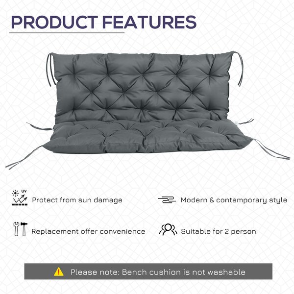 Outsunny Garden Bench Cushion, 2 Seater Swing Chair Cushion, Seat Pad with Ties for Indoor and Outdoor Use, 110 x 120 cm, Dark Grey Aosom UK