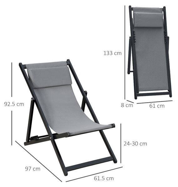 Outsunny Set of 2 Folding Garden Beach Aluminium Frame Deck Chairs Deckchairs Seaside Folding Garden Patio Lounger, Grey