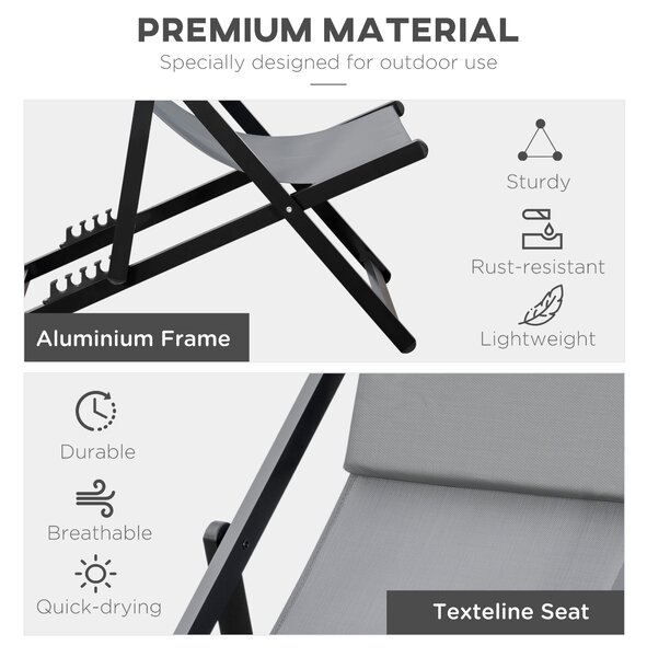 Outsunny Set of 2 Folding Garden Beach Aluminium Frame Deck Chairs Deckchairs Seaside Folding Garden Patio Lounger, Grey