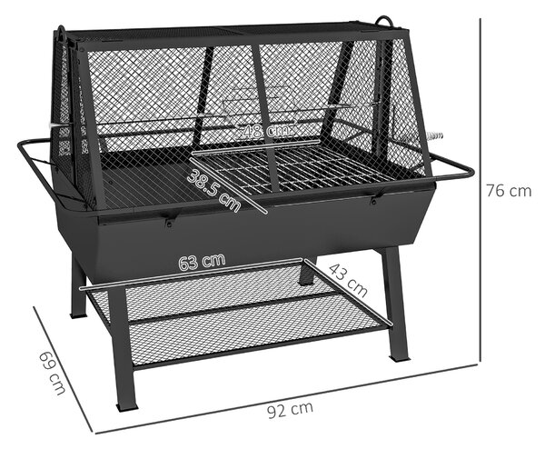 Outsunny 3-in-1 Charcoal Barbecue Grill, Rotisserie Roaster, Fire Pit with Storage Shelf and Mesh Lid