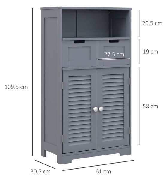 Kleankin Bathroom Storage Cabinet with Drawers, Louvred Doors, Open Compartment, Adjustable Shelf, Grey Aosom UK