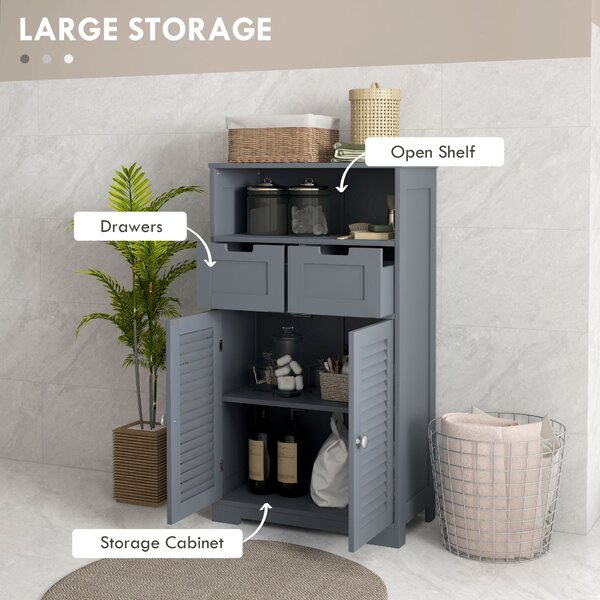 Kleankin Bathroom Storage Cabinet with Drawers, Louvred Doors, Open Compartment, Adjustable Shelf, Grey Aosom UK