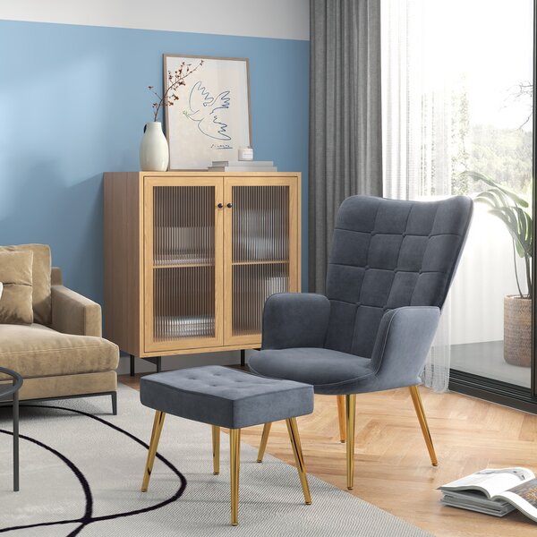 HOMCOM Upholstered Armchair w/ Footstool Set, Modern Button Tufted Accent Chair w/ Steel Legs, Wingback Chair for Living Room, Dark Grey Aosom UK