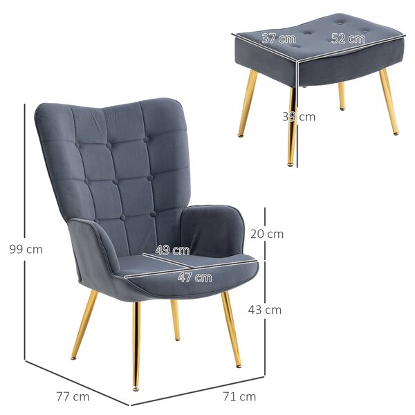HOMCOM Upholstered Armchair w/ Footstool Set, Modern Button Tufted Accent Chair w/ Steel Legs, Wingback Chair for Living Room, Dark Grey Aosom UK