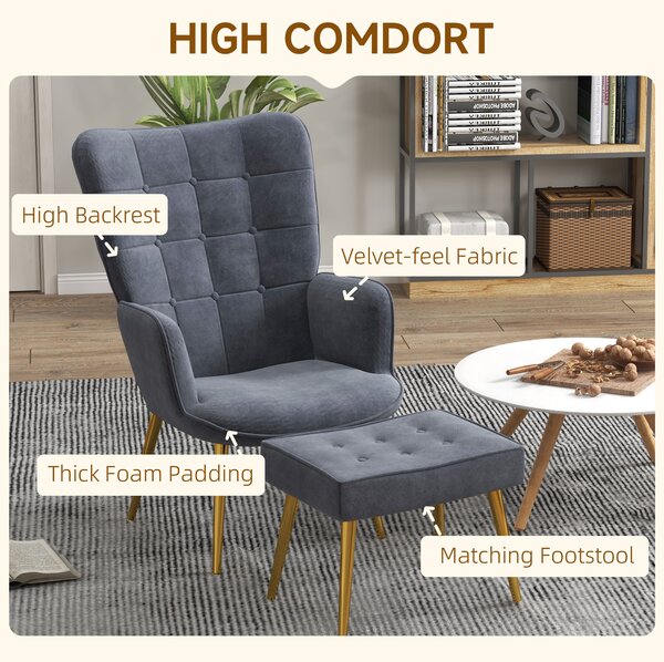 HOMCOM Upholstered Armchair w/ Footstool Set, Modern Button Tufted Accent Chair w/ Steel Legs, Wingback Chair for Living Room, Dark Grey Aosom UK