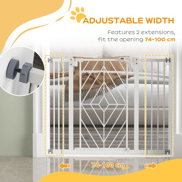 PawHut Pressure Fit Stair Gate Dog Gate w/ Auto Closing Door, Double Locking, Easy Installation, for 74-100cm Openings - White Aosom UK