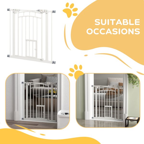 PawHut Safety Pet Gate, Pressure Fit Stair Gate with Cat Door, Auto Close, Double Lock, 74-80cm, White Aosom UK