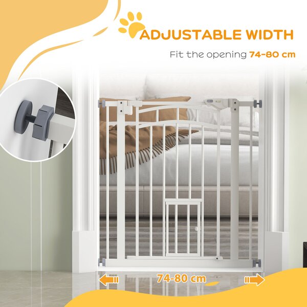 PawHut Safety Pet Gate, Pressure Fit Stair Gate with Cat Door, Auto Close, Double Lock, 74-80cm, White Aosom UK