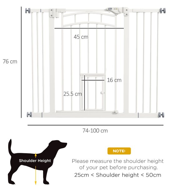 PawHut Stair Dog Gate with Cat Door, Pressure Fit, Auto Close, Double Lock, 74-100cm Openings, White Aosom UK