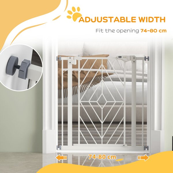 PawHut Pressure Fit Stair Gate, Dog Gate, with Auto Closing Door, Double Locking, Easy Installation, Openings 74-80cm - White Aosom UK