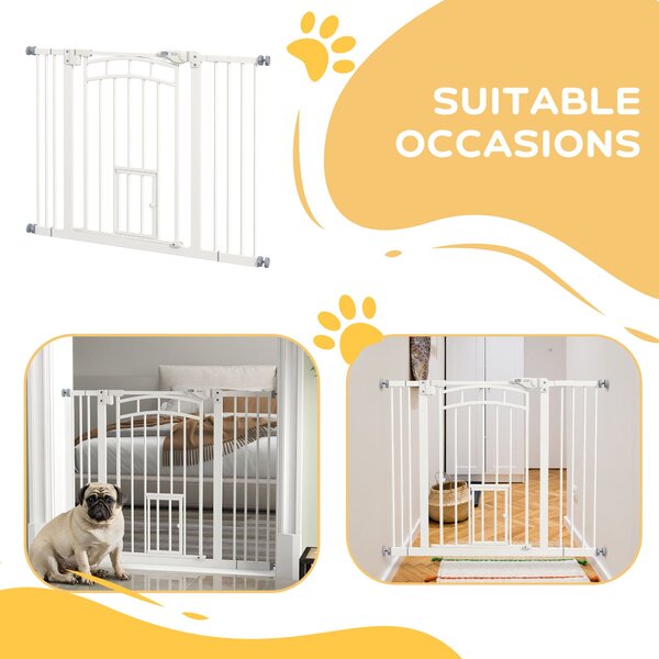 PawHut Stair Dog Gate with Cat Door, Pressure Fit, Auto Close, Double Lock, 74-100cm Openings, White Aosom UK