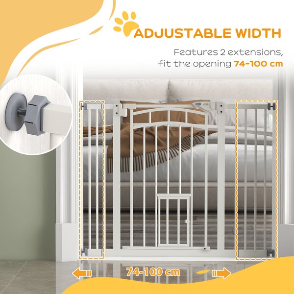 PawHut Stair Dog Gate with Cat Door, Pressure Fit, Auto Close, Double Lock, 74-100cm Openings, White Aosom UK